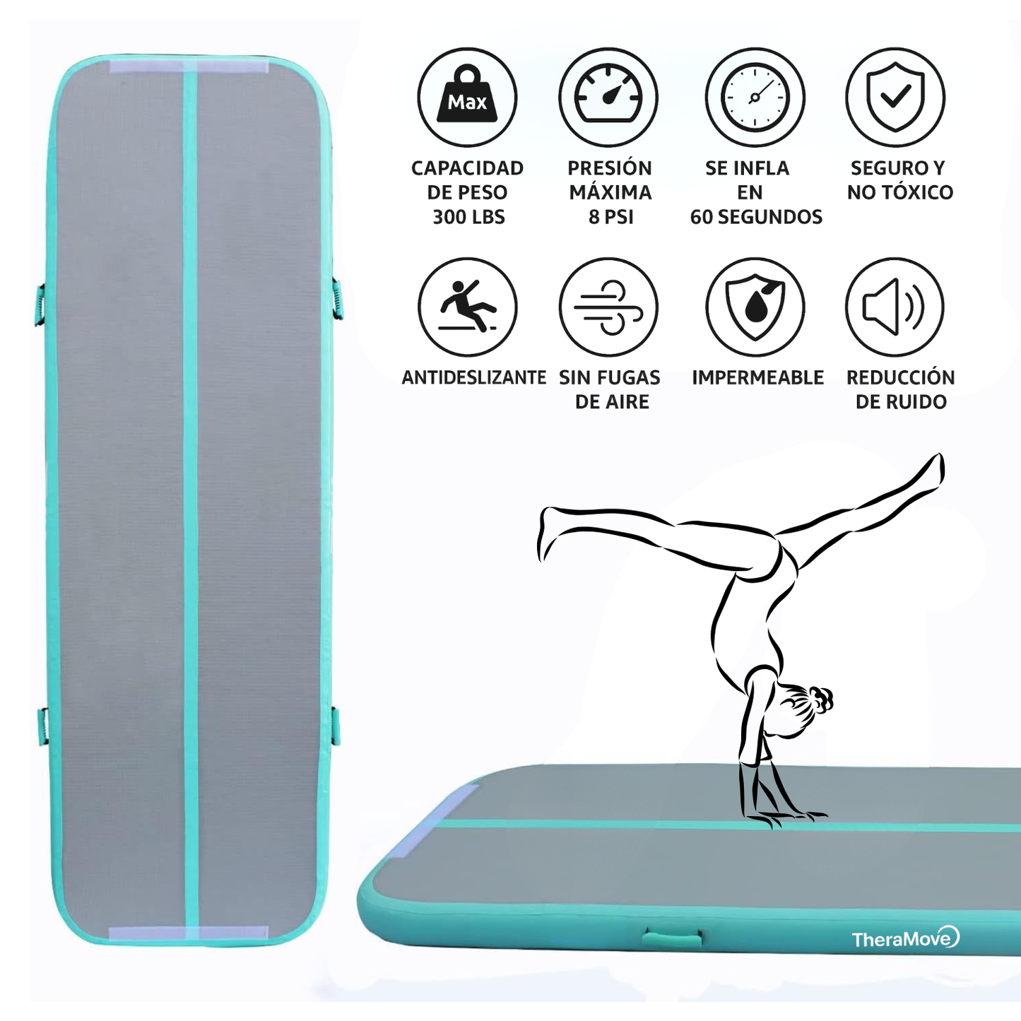 Air Track TheraMove 3m, 20 cm espesor Celeste y Gris